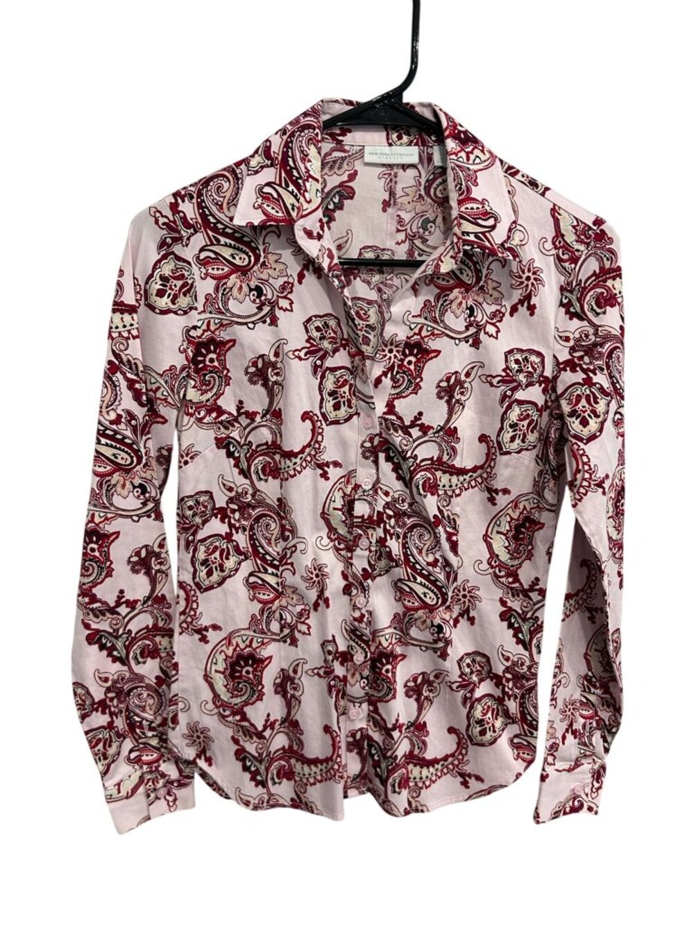 New York & Company XS Pink Red Paisley Button-Up Stretch Shirt Y2K Soft Girl